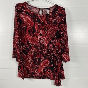 Cocomo Woman Shirt Womens 2XL Red Black Paisley Tie Waist 3/4 Sleeve Top